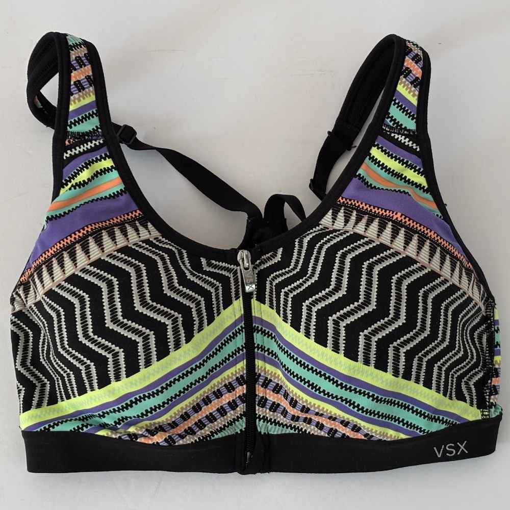 Victoria's Secret VSX Sport Bra 34B Black & Muti-Color Geometric Design EUC